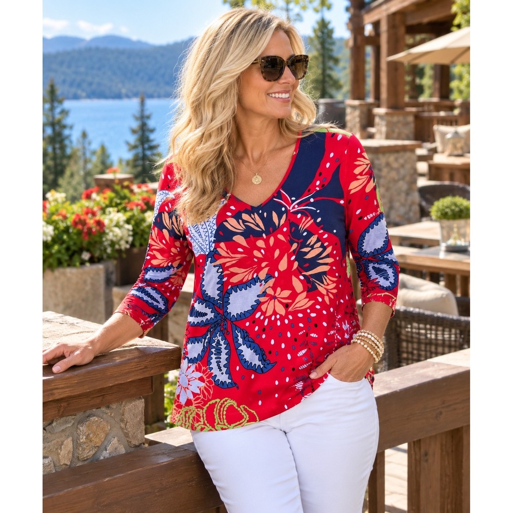 Chico's Floral V-Neck Top Size S/M Red Blue Abstract Print Cotton 3/4 Sleeve